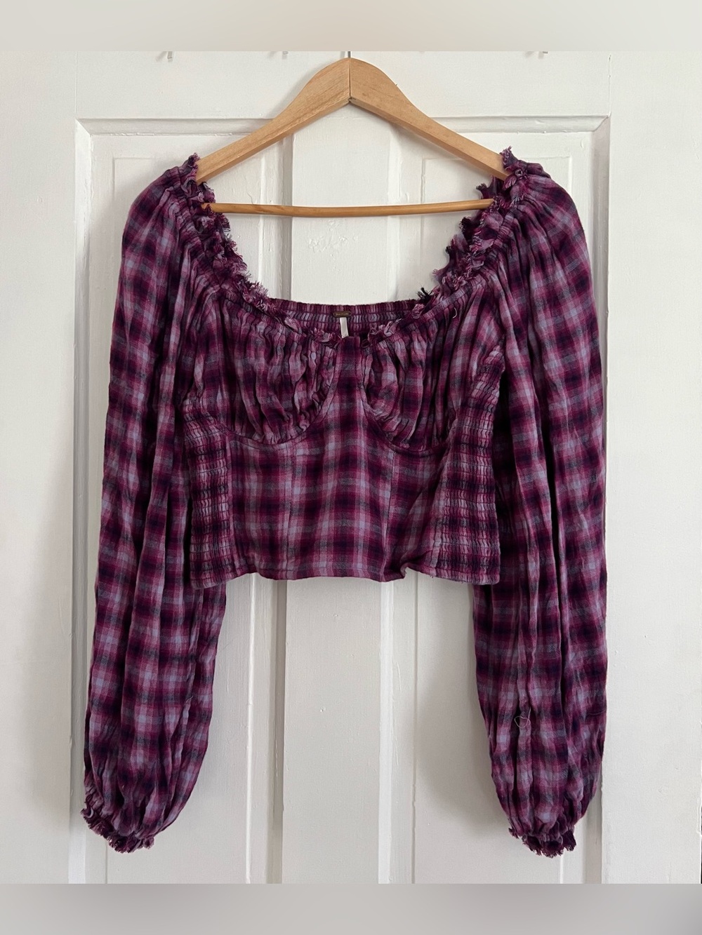 Free People Purple Plaid Cherry Bomb Madras Smocked balloon long sleeve Medium